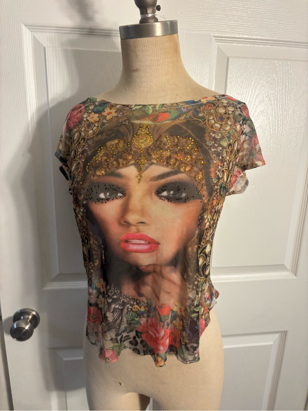 Lush Multicolor Sheer Short Sleeve Top with Embellished Face Graphic